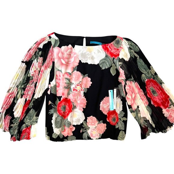 NWT Alice + Olivia Floral Accordion Pleat Sleeve Silk Blouse Black M Top - Picture 6 of 9
